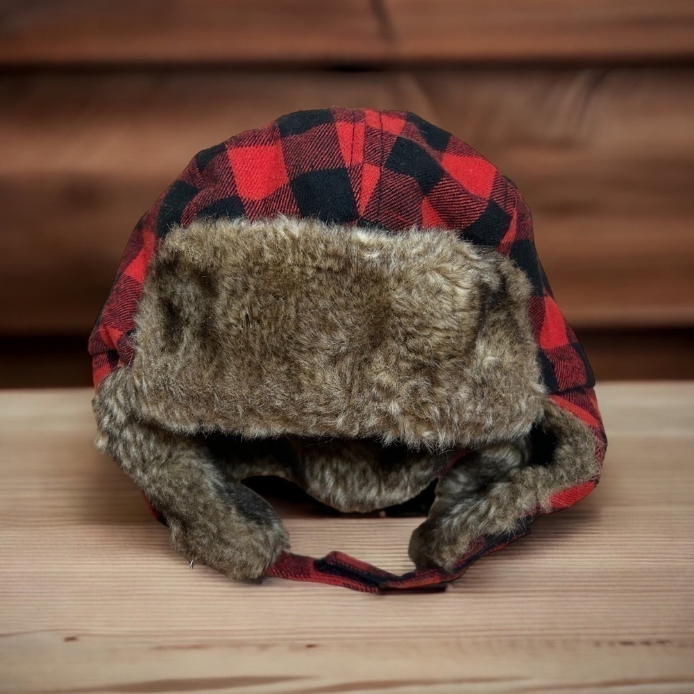 Old Navy Trapper Hat Buffalo Plaid 12-18 mos Red Black Faux Fur Brown Kids Baby